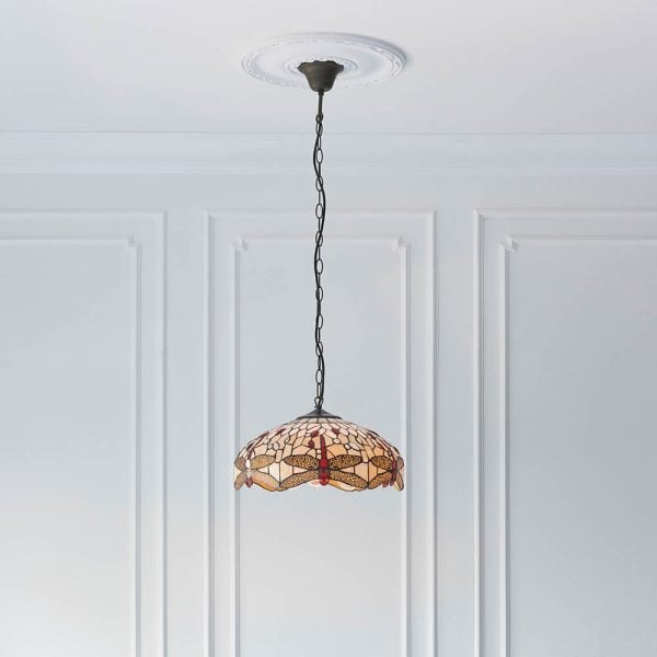 Dearborn Tiffany Glass Medium Pendant Ceiling Light In Beige Red | Bed Sava