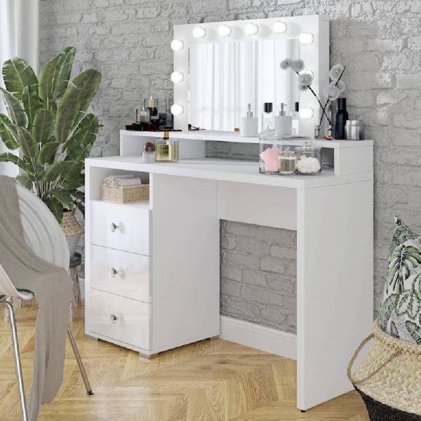 Decatur Wooden Dressing Table And Mirror In White With LED | Bed Sava