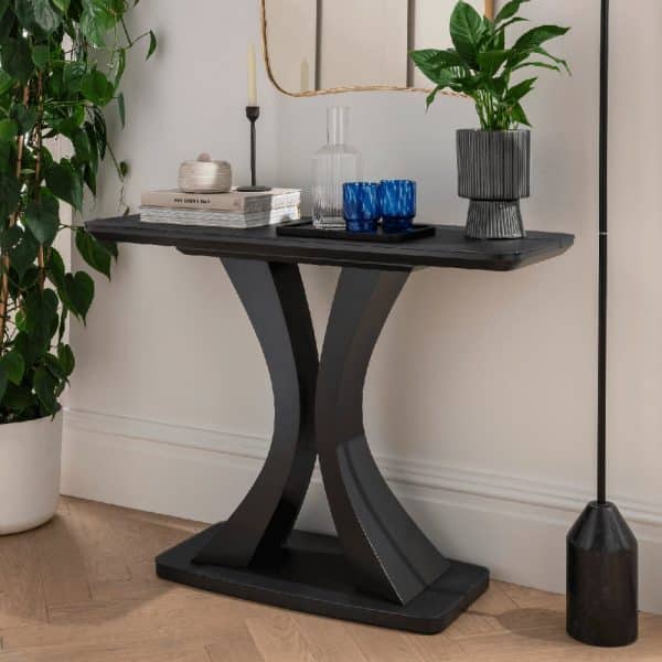 Decatur Glass Rectangular Console Table In Charcoal | Bed Sava