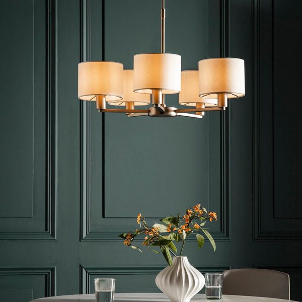 Deland 5 Lights Silk Shades Pendant Ceiling Light In Matt Nickel | Bed Sava