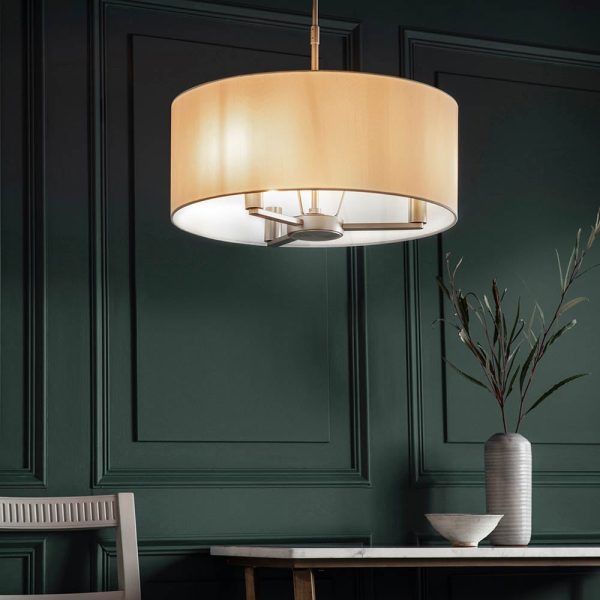 Deland Round White Shade Pendant Ceiling Light In Matt Nickel | Bed Sava