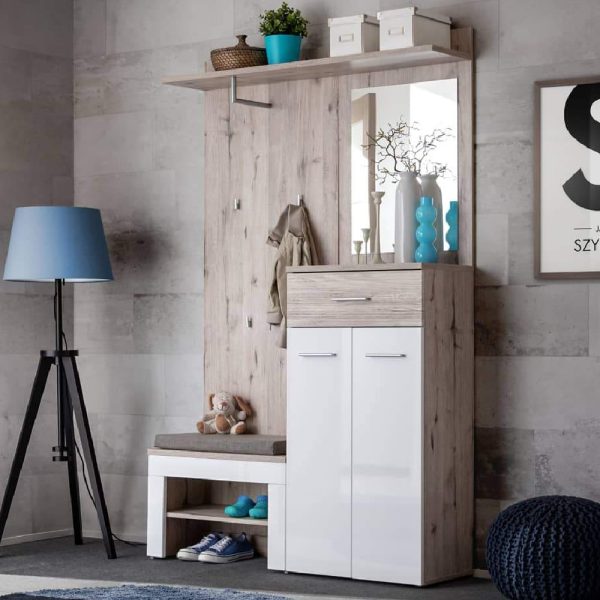 Deland Wooden 4 Piece Hallway Furniture Set In White And Oak | Bed Sava