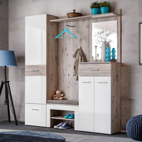 Deland Wooden 5 Piece Hallway Furniture Set In White And Oak | Bed Sava