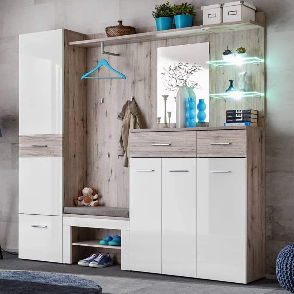 Deland Wooden 6 Piece Hallway Furniture Set In White And Oak | Bed Sava