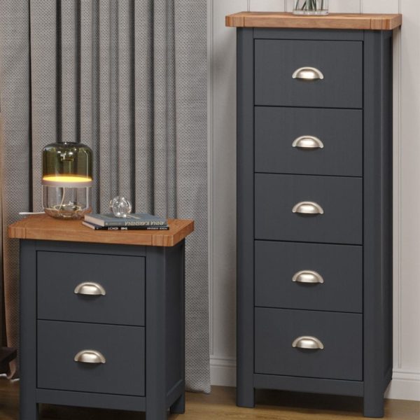 Delavan Narrow Wooden Chest Of 5 Drawers In Midnight Blue And Oak | Bed Sava