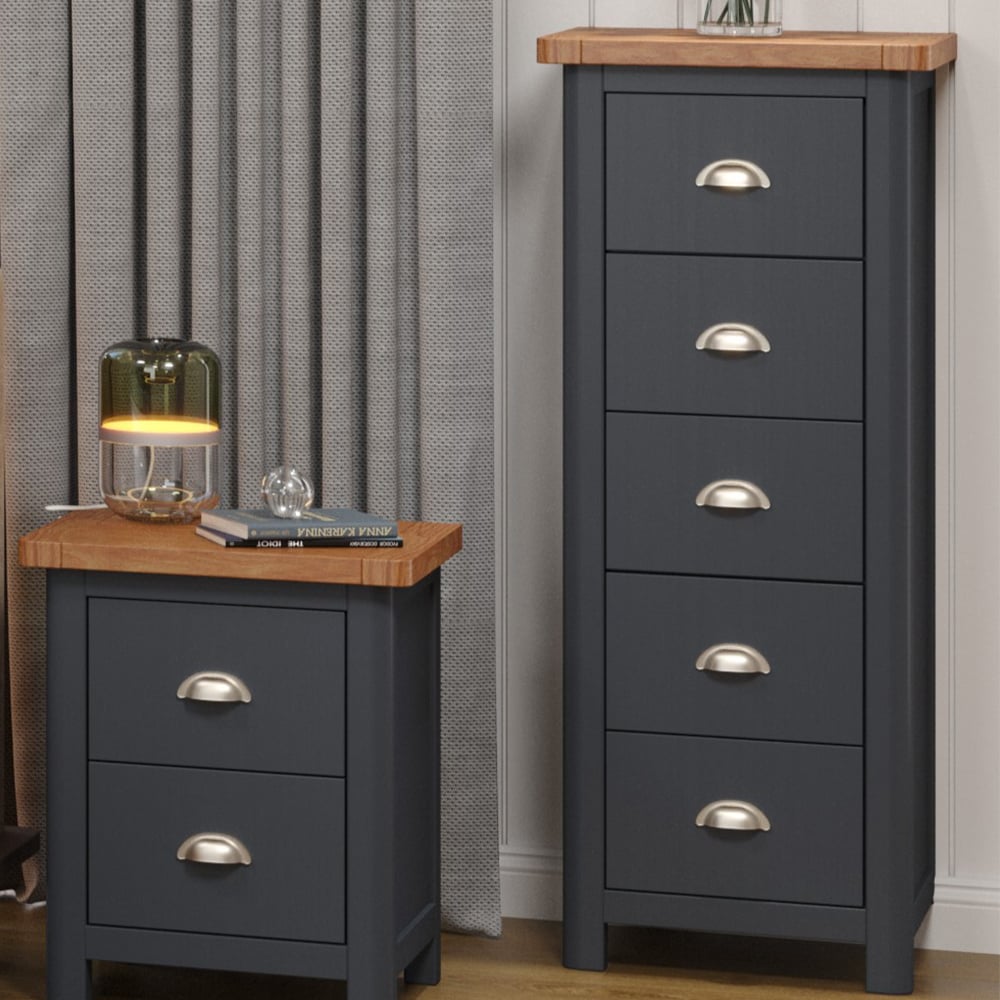 Delavan Narrow Wooden Chest Of 5 Drawers In Midnight Blue And Oak