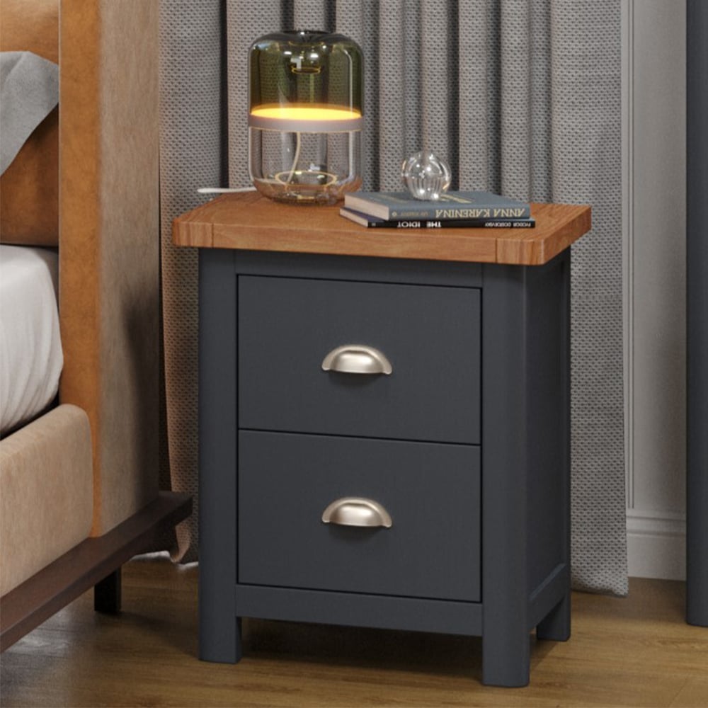 Delavan Tall Wooden Bedside Cabinet With 2 Drawers In Oak Black