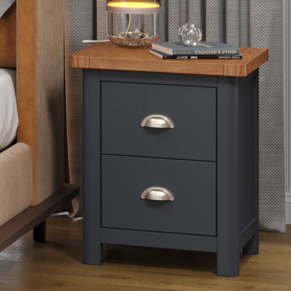 Delavan Wide Wooden Bedside Cabinet With 2 Drawers In Oak Black