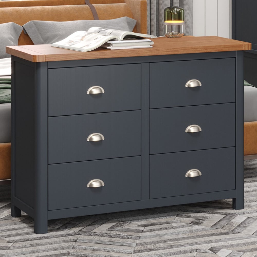 Delavan Wooden Chest Of 6 Drawers In Midnight Blue And Oak