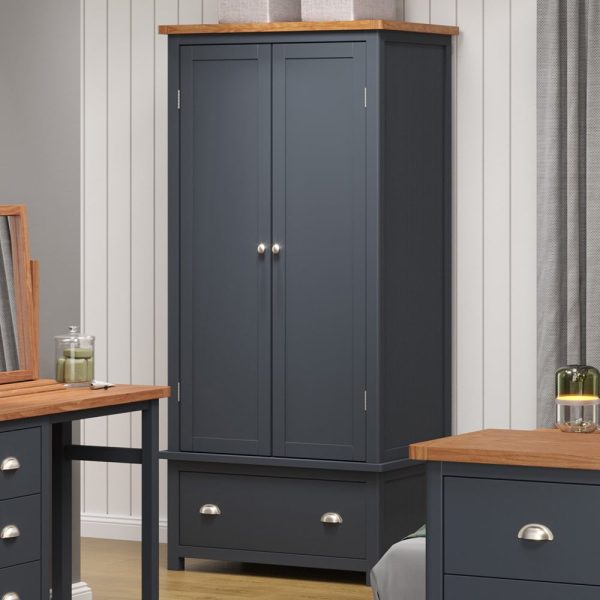 Delavan Wooden Wardrobe With 2 Doors 1 Drawer In Midnight Blue Oak | Bed Sava