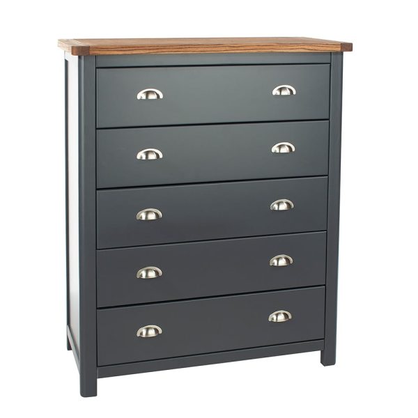 Delavan Wooden Wide Chest Of 5 Drawers In Midnight Blue And Oak | Bed Sava