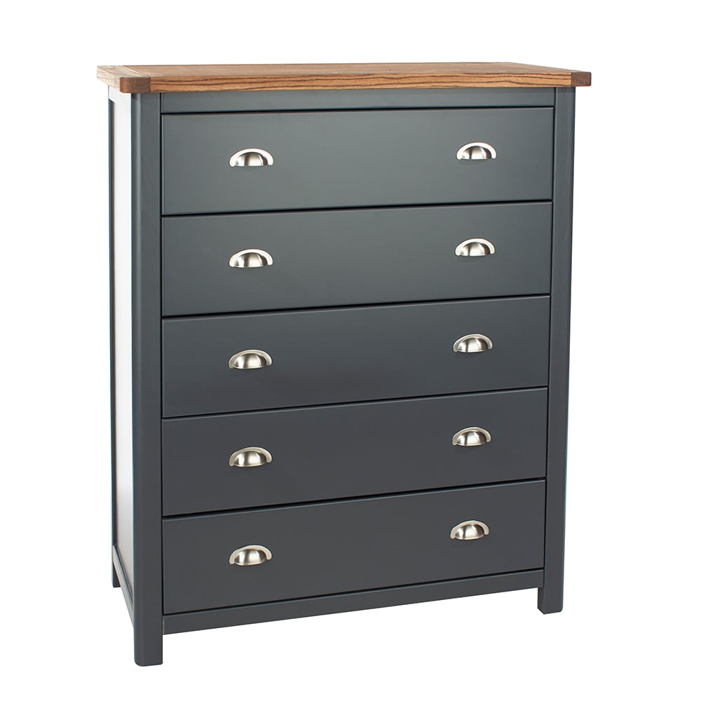 Delavan Wooden Wide Chest Of 5 Drawers In Midnight Blue And Oak
