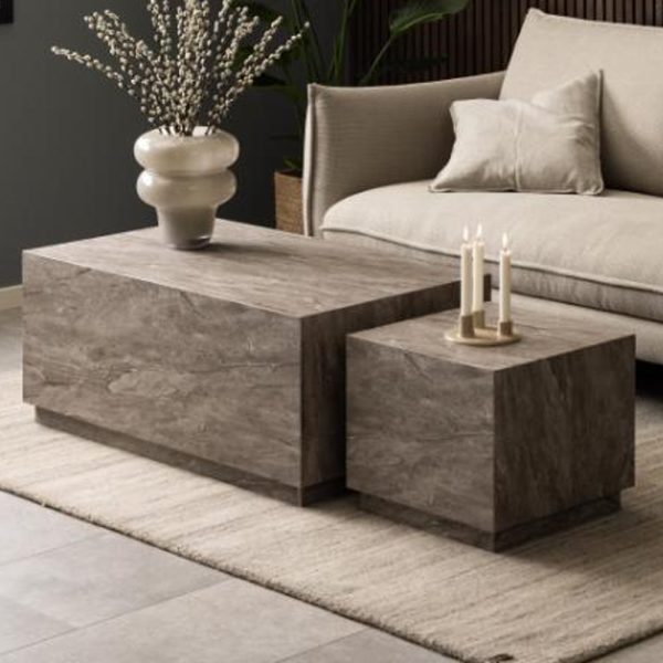 Delft Wooden Nesting Coffee Tables In Grey Marble Effect | Bed Sava