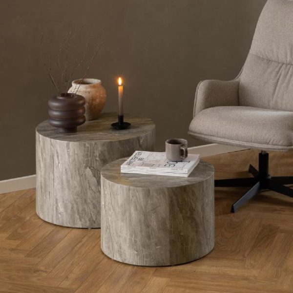Delft Wooden Round Nesting Coffee Table In Grey Marble Effect | Bed Sava