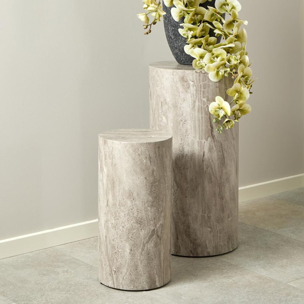 Delft Wooden Round Set Of 2 Pedestal In Grey Marble Effect