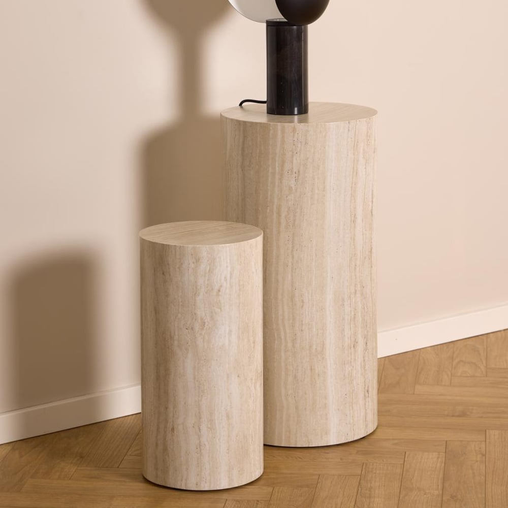 Delft Wooden Round Set Of 2 Pedestal In Travertine