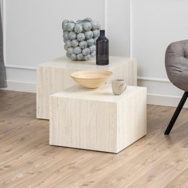 Delft Wooden Square Nesting Coffee Tables In Travertine | Bed Sava