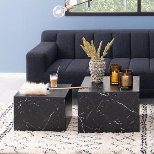Delft Wooden Square Nesting Coffee Tables In Black Marble Effect | Bed Sava