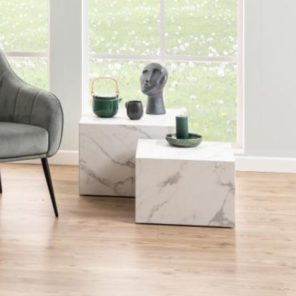 Delft Wooden Square Nesting Coffee Tables In White Marble Effect | Bed Sava