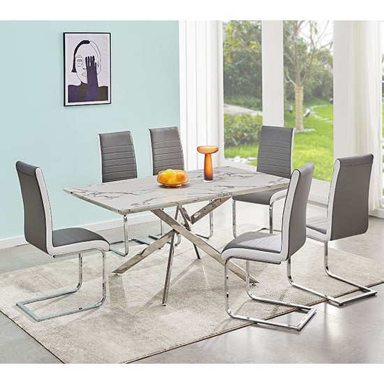 Deltino Diva Marble Effect Dining Table 6 Symphony Grey Chairs | Bed Sava
