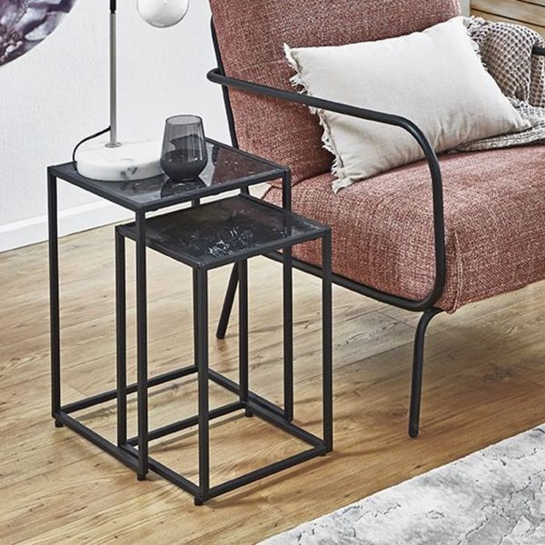 Demopolis Metal Nest Of 2 Tables In Black Marble Effect | Bed Sava