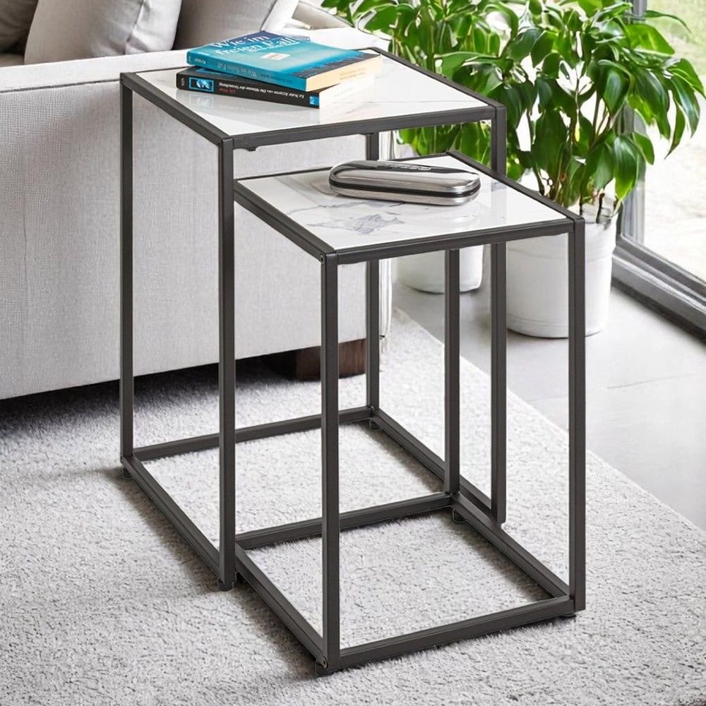 Demopolis Metal Nest Of 2 Tables In White Marble Effect