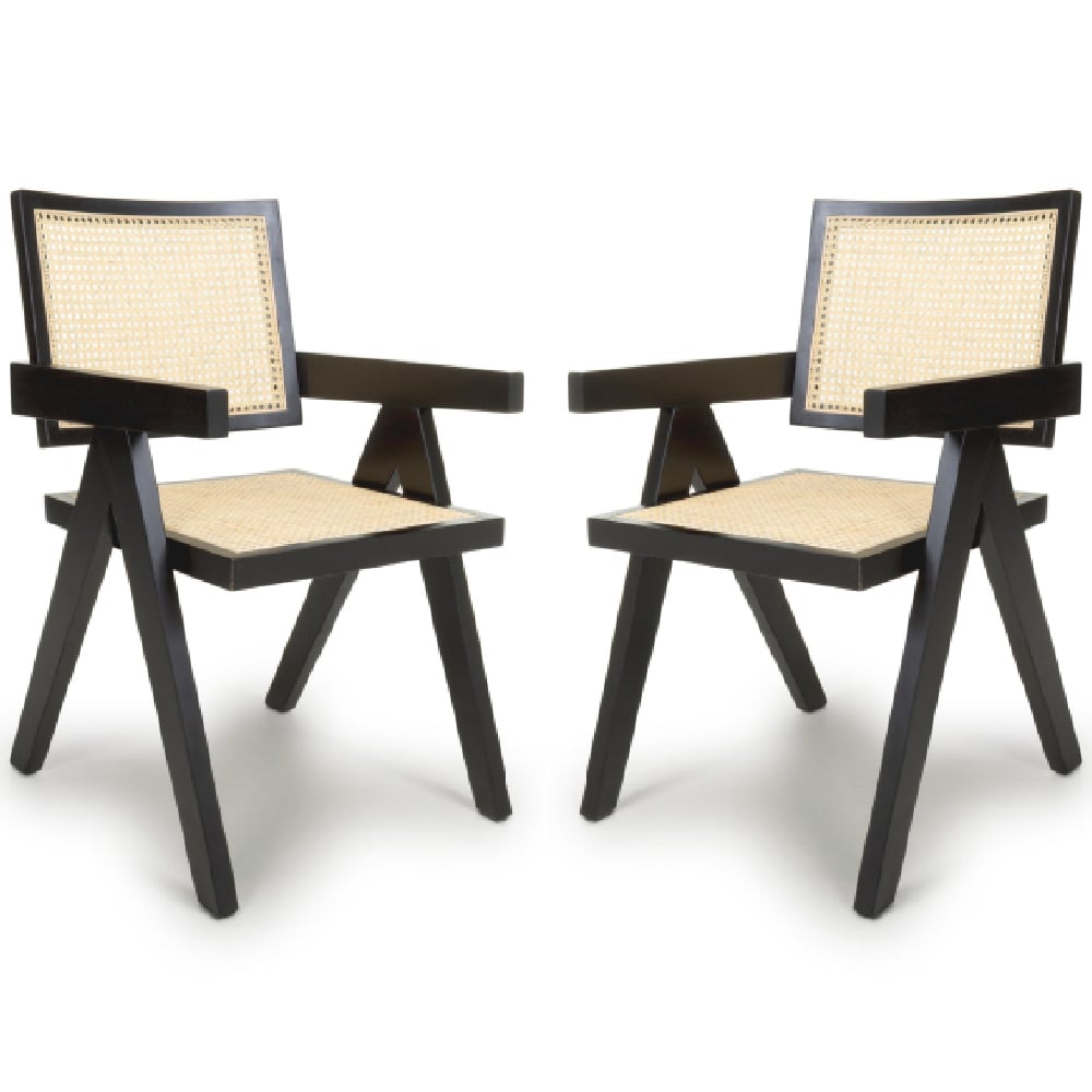 Derby Oak And Black Rattan Wooden Dining Chairs In Pair
