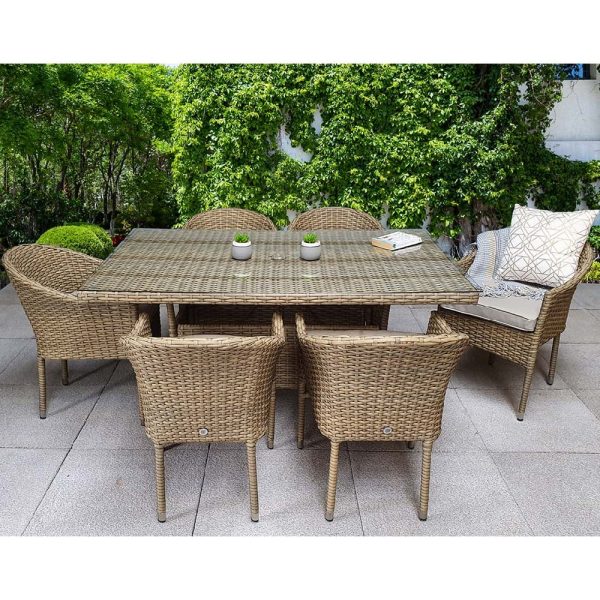 Derya Glass Top Garden Dining Set With 6 Armchairs In Brown | Bed Sava