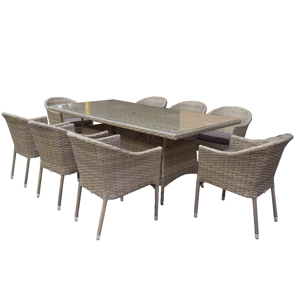 Derya Glass Top Garden Dining Set With 8 Armchairs In Brown