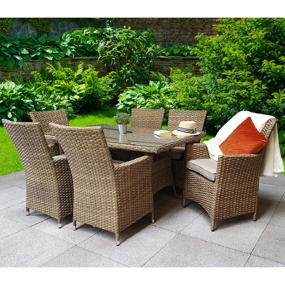 Derya Glass Top Garden Dining Set With 6 Chairs In Brown