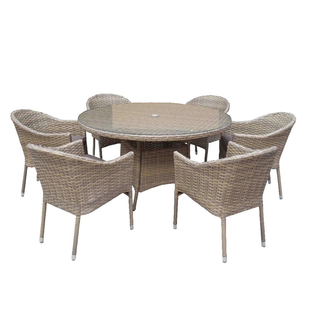 Derya Glass Top Garden Round Dining Set With 6 Armchairs In Brown