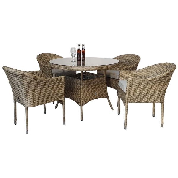 Derya Glass Top Garden Round Dining Set With 4 Armchairs In Brown | Bed Sava
