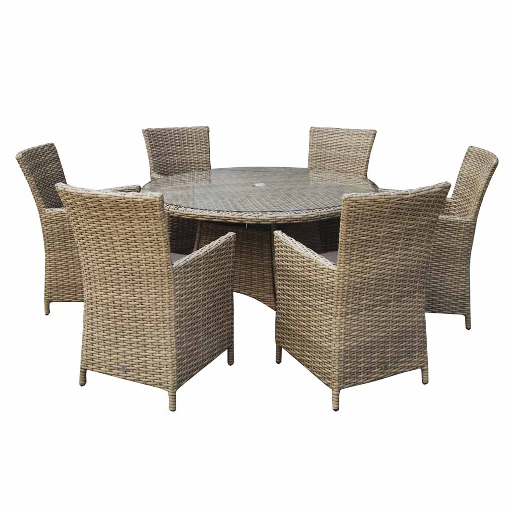 Derya Glass Top Garden Round Dining Set With 6 Chairs In Brown