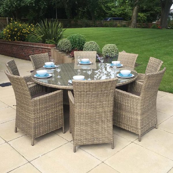 Derya Glass Top Garden Round Dining Set With 8 Chairs In Brown | Bed Sava