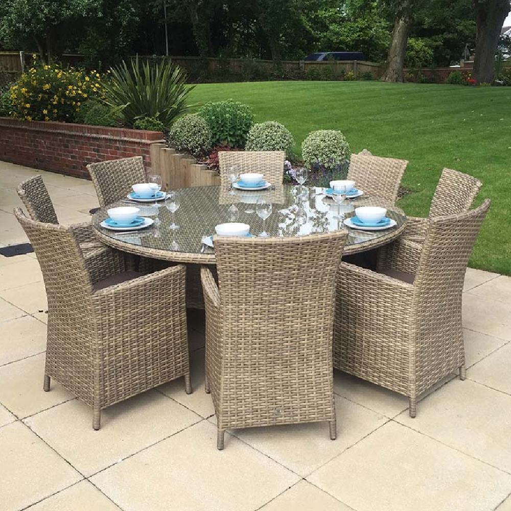 Derya Glass Top Garden Round Dining Set With 8 Chairs In Brown