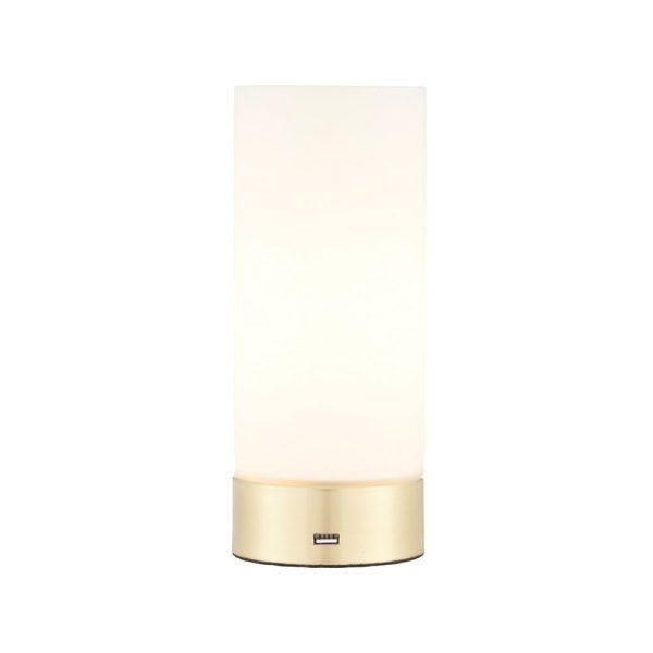 Destin Opal Glass Cylindrical Shade USB Table Lamp In Brass | Bed Sava