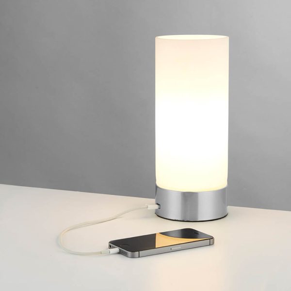 Destin Opal Glass Cylindrical Shade USB Table Lamp In Chrome | Bed Sava