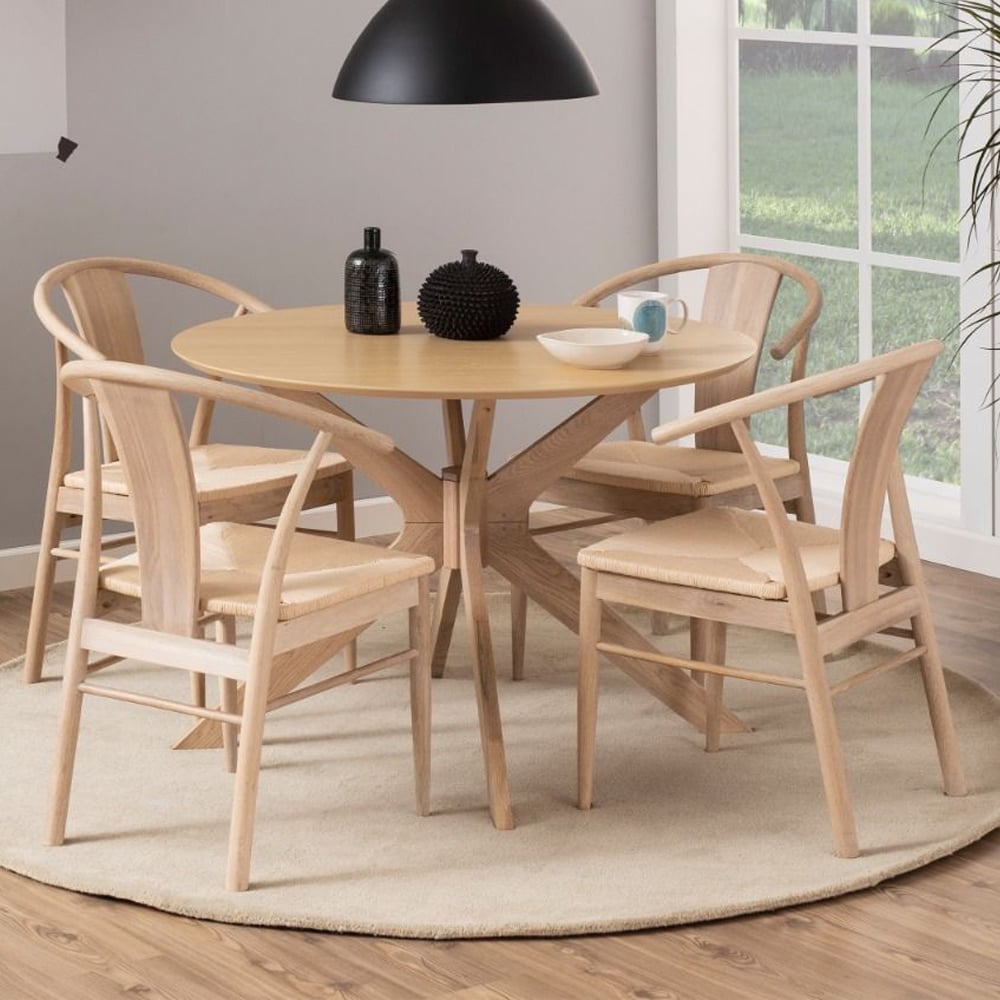 Destin Wooden Round Dining Table With Canby 4 Chairs In White Oak