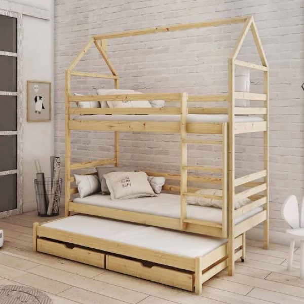 Detroit Wooden Bunk Bed With Bonnell Mattress And Trundle In Pine | Bed Sava