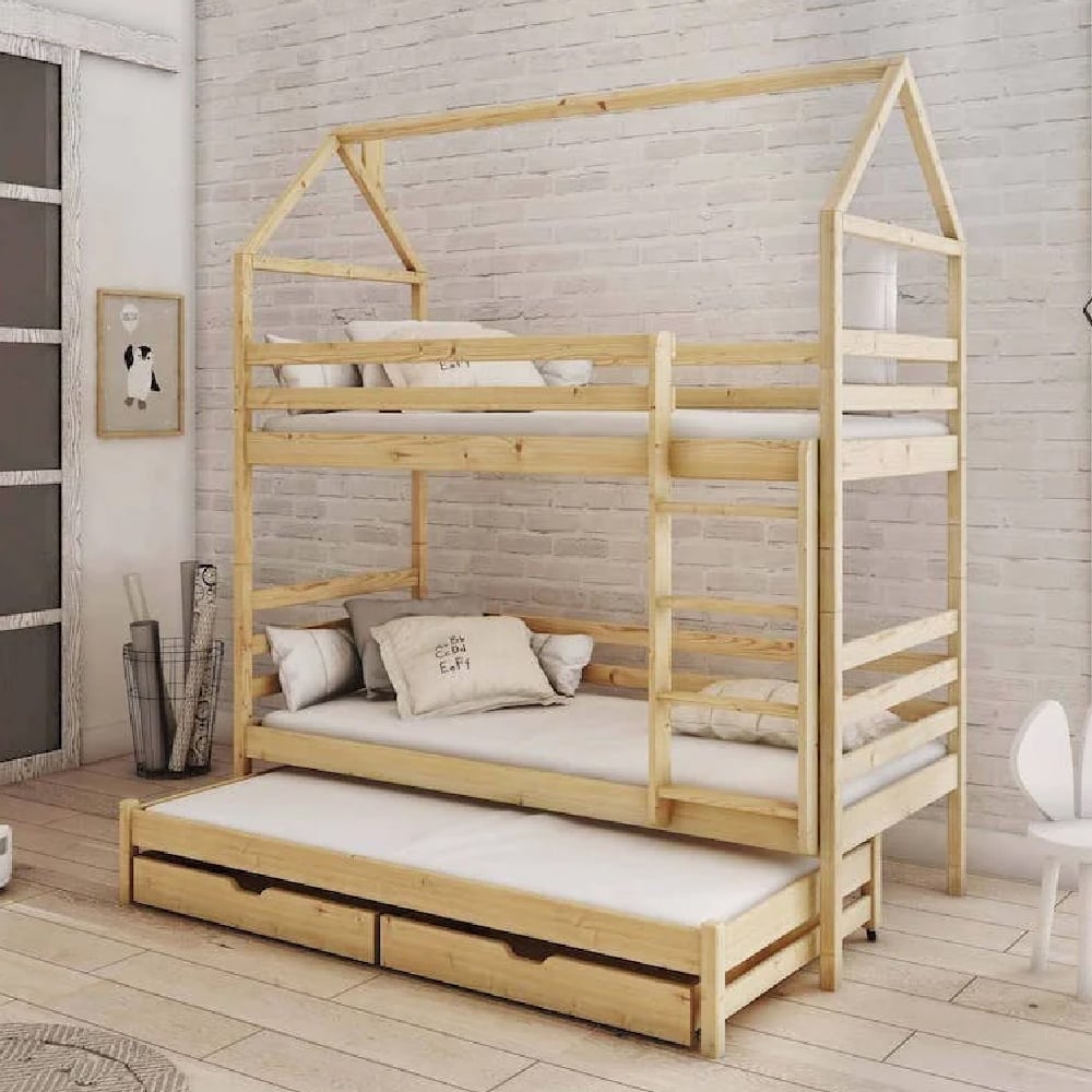 Detroit Wooden Bunk Bed With Bonnell Mattress And Trundle In Pine