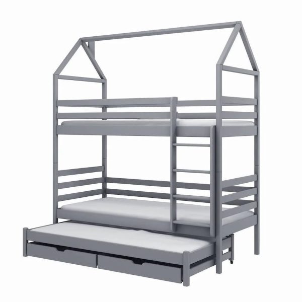 Detroit Wooden Bunk Bed With Foam Mattress And Trundle In Grey | Bed Sava