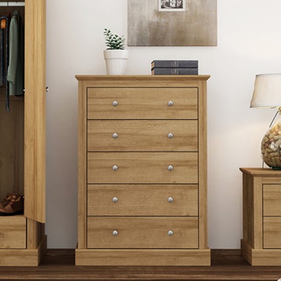 Devan Wooden Chest Of 5 Drawers In Oak | Bed Sava