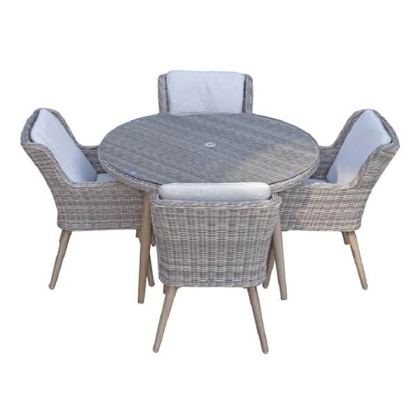 Deven Glass Top Garden Round Dining Table With 4 Chairs In Grey | Bed Sava