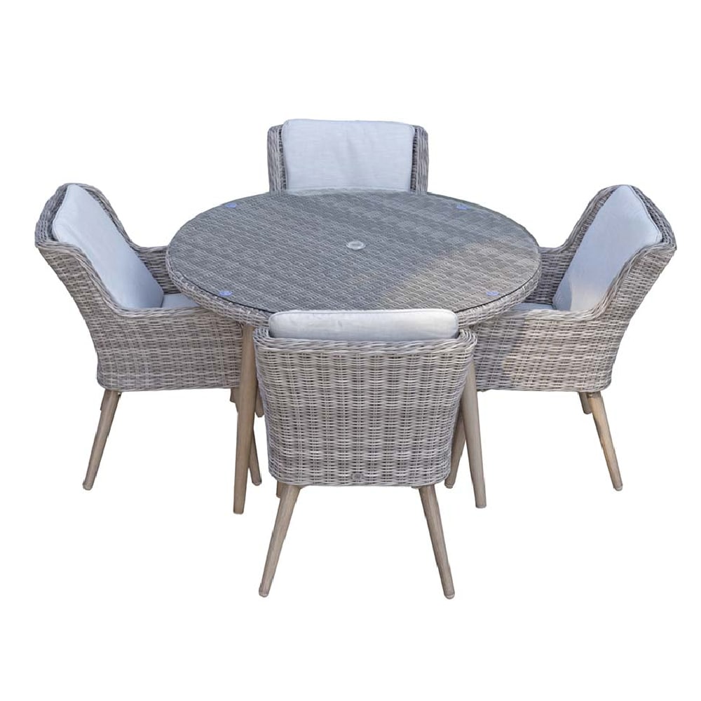 Deven Glass Top Garden Round Dining Table With 4 Chairs In Grey