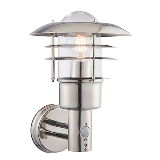 Dexter PIR Clear Glass Wall Light In Polished Stainless Steel | Bed Sava