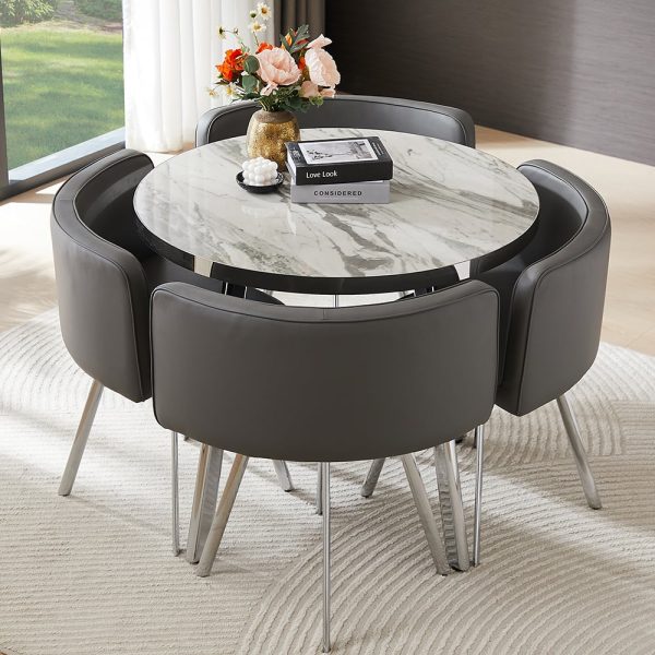 Diego Filo Marble Effect Gloss Dining Table With 4 Grey Chairs | Bed Sava