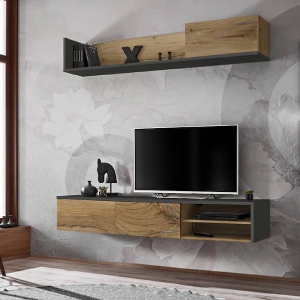 Dieppe Wooden Entertainment Unit In Flagstaff Oak And Anthracite | Bed Sava