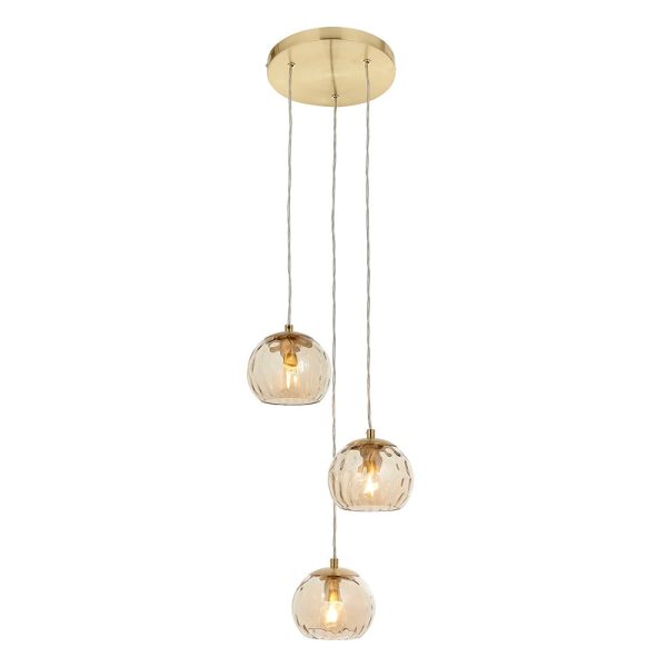 Dimple 3 Light Champagne Glass Shade Pendant Light In Brass | Bed Sava