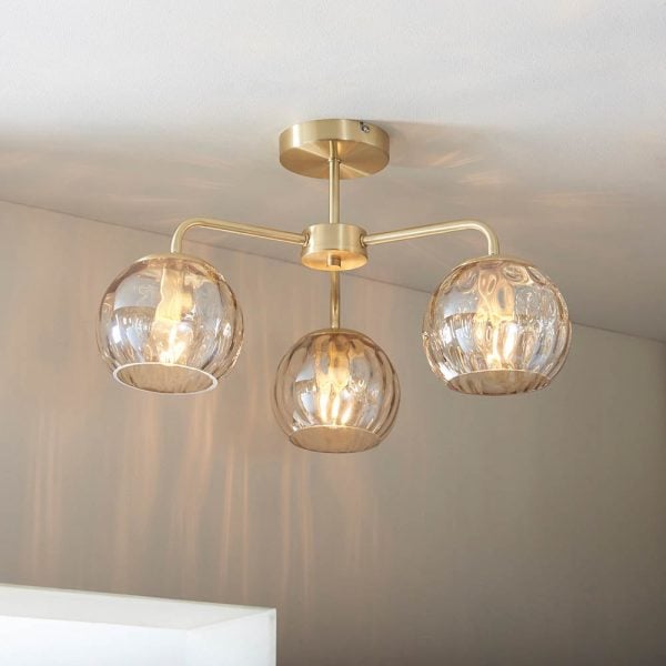 Dimple 3 Light Champagne Glass Shade Semi Flush Light In Brass | Bed Sava