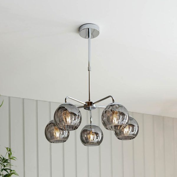 Dimple 5 Light Smokey Glass Shade Semi Flush Light In Chrome | Bed Sava